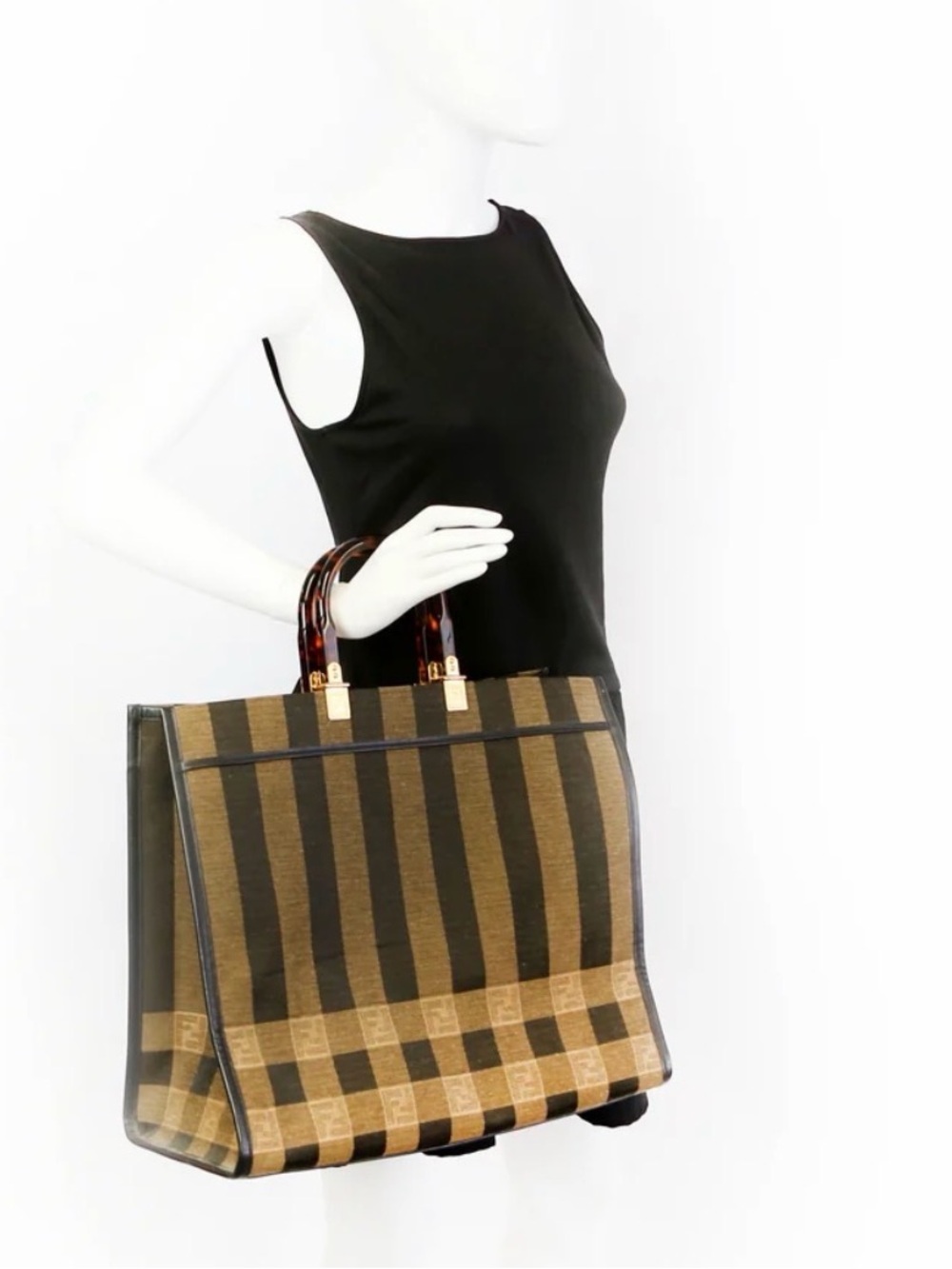 *Fendi STYLE* Brown and Black Striped Canvas Sunshine Tote with Logo Strap